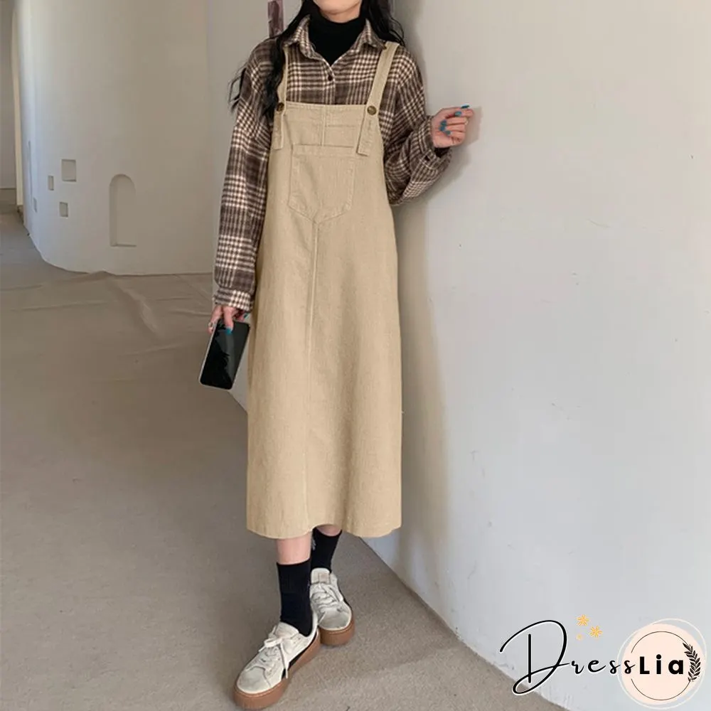 Women Winter Sleeveless Corduroy Casual Loose Warm Midi Tank Dress Sundress