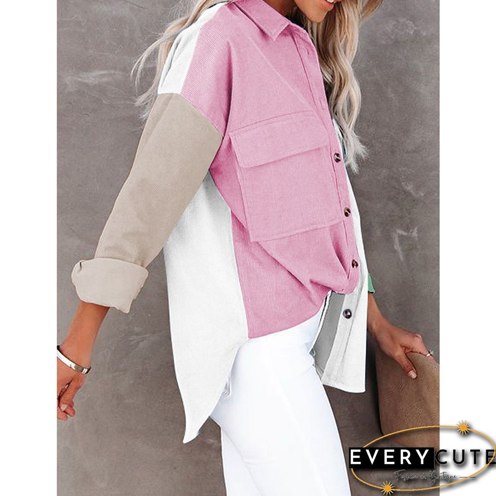 Pink Color Block Corduroy Button Pocket Oversized Shirt