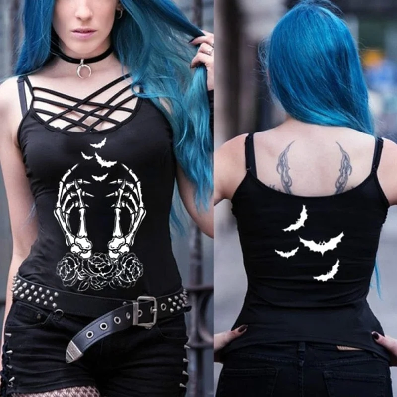 Tank Top Women Plus Size Gothic Punk Bat Claw Printed Tops Summer Casual Hollow Out Sleeveless Vest 2021 Gym Tank Top Women