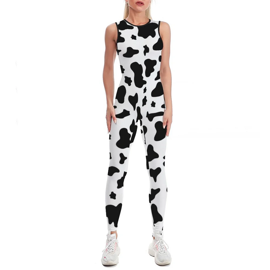 Black White Cow Print Bodycon Tank One Piece Jumpsuits Long Pant Retro Yoga Printing Rompers Playsuit for Women