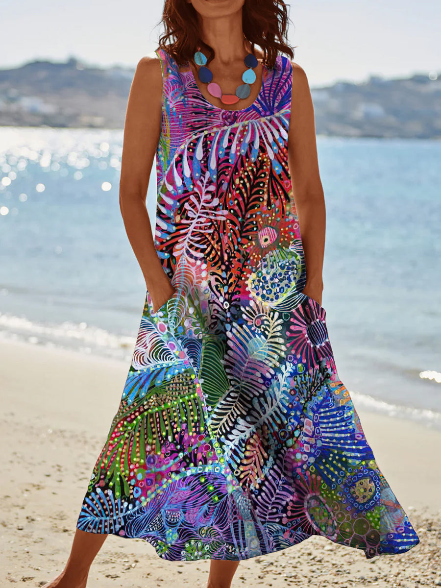 Women's Vintage Colorful Irregular Pattern Round Neck Dresses