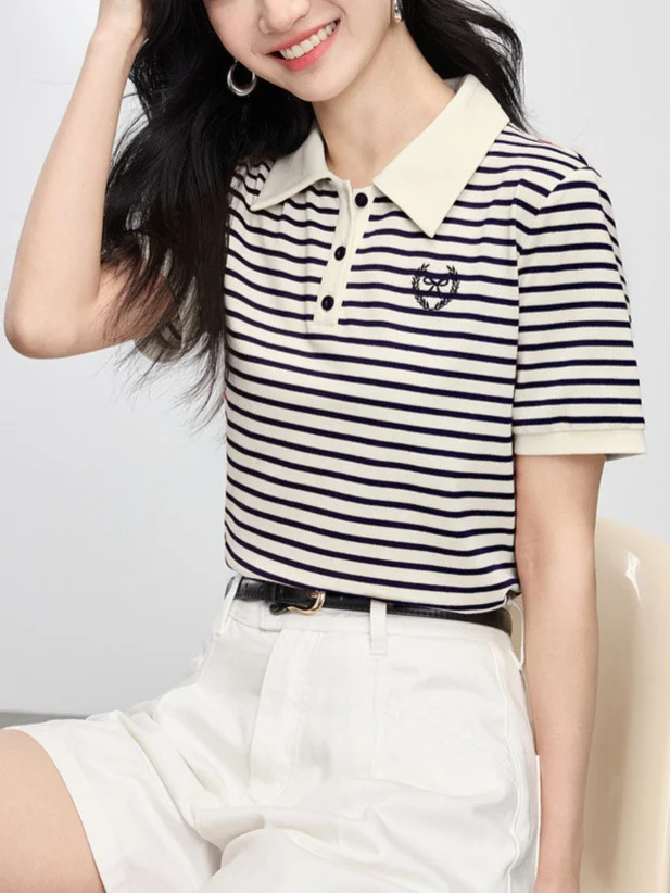 Athvotar Athvotar Striped Embroidery POLO Shirt 2025 Summer New Bing Color Reduction Women's Short-Sleeved T-Shirt