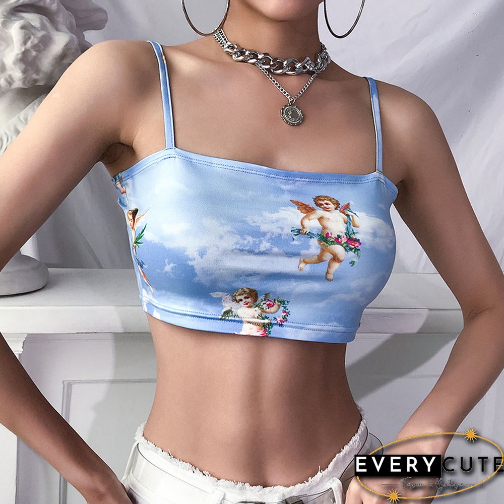 New Fashion Women Camisole Sling Top Vest Sleeveless Cold Shoulder The Angel Of Cupid Print Short Camis Female Summer Top