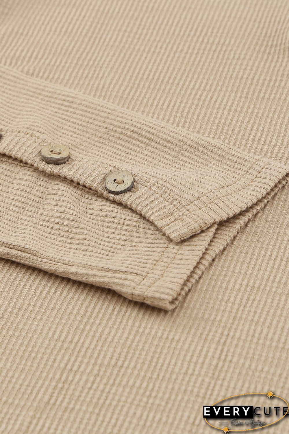 Khaki Crewneck Buttons Ribbed Knit Long Sleeve Top