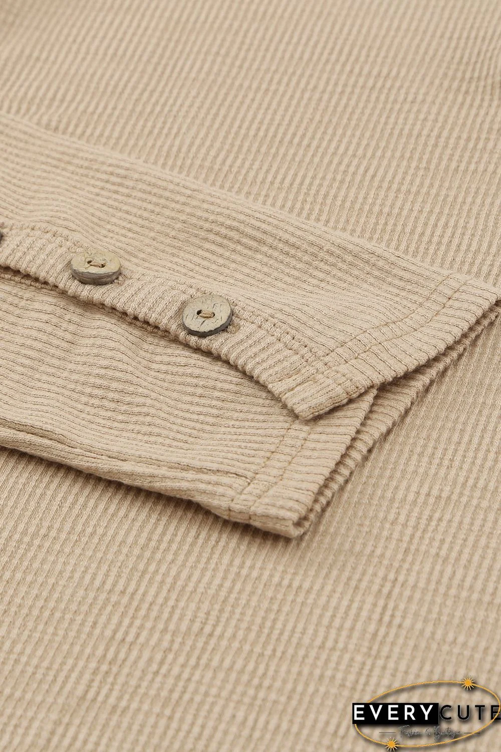 Khaki Crewneck Buttons Ribbed Knit Long Sleeve Top