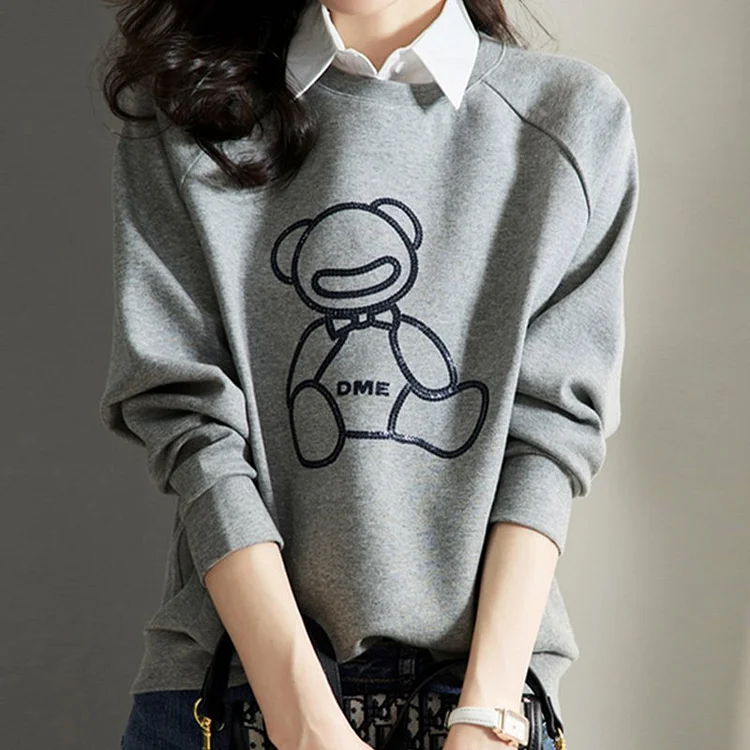 Cartoon Shift Casual Embroidered Sweatshirt QueenFunky