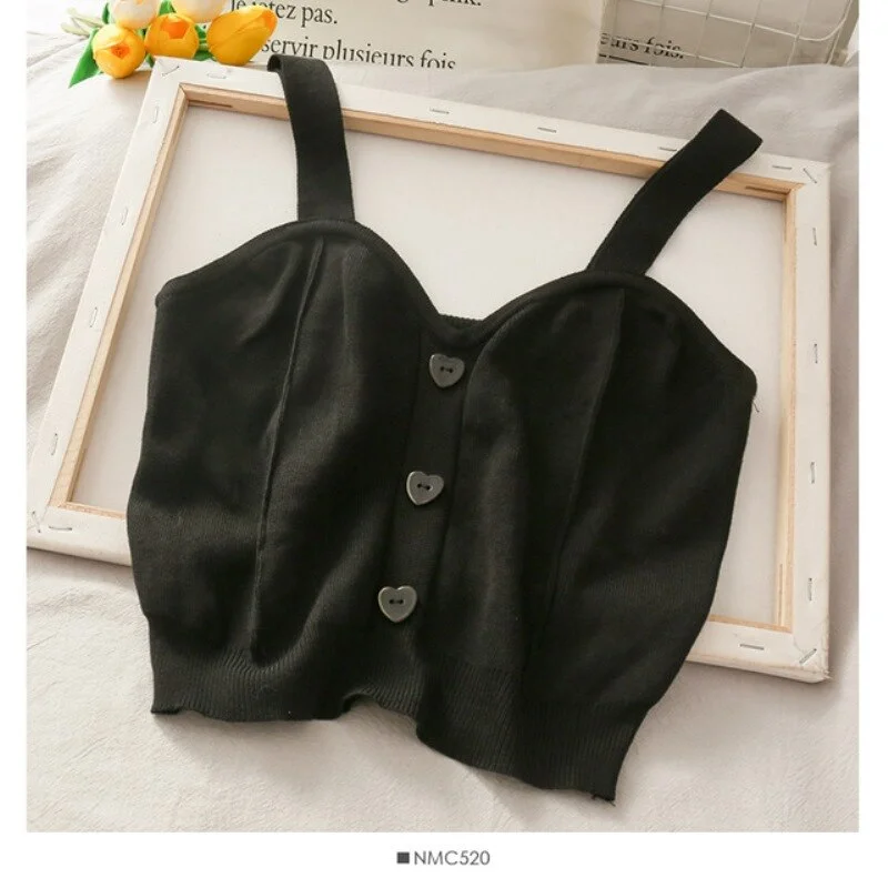Women Crop Top Sweater Tank Top Button Up V Neck Sleeveless Knit Top Casual Beach Vest Female Camisole Cotton Tank