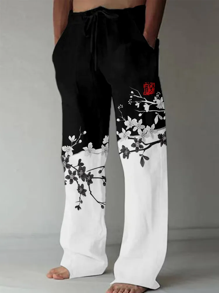 Comstylish Cherry Blossom Japanese Art Contrast Casual Pants