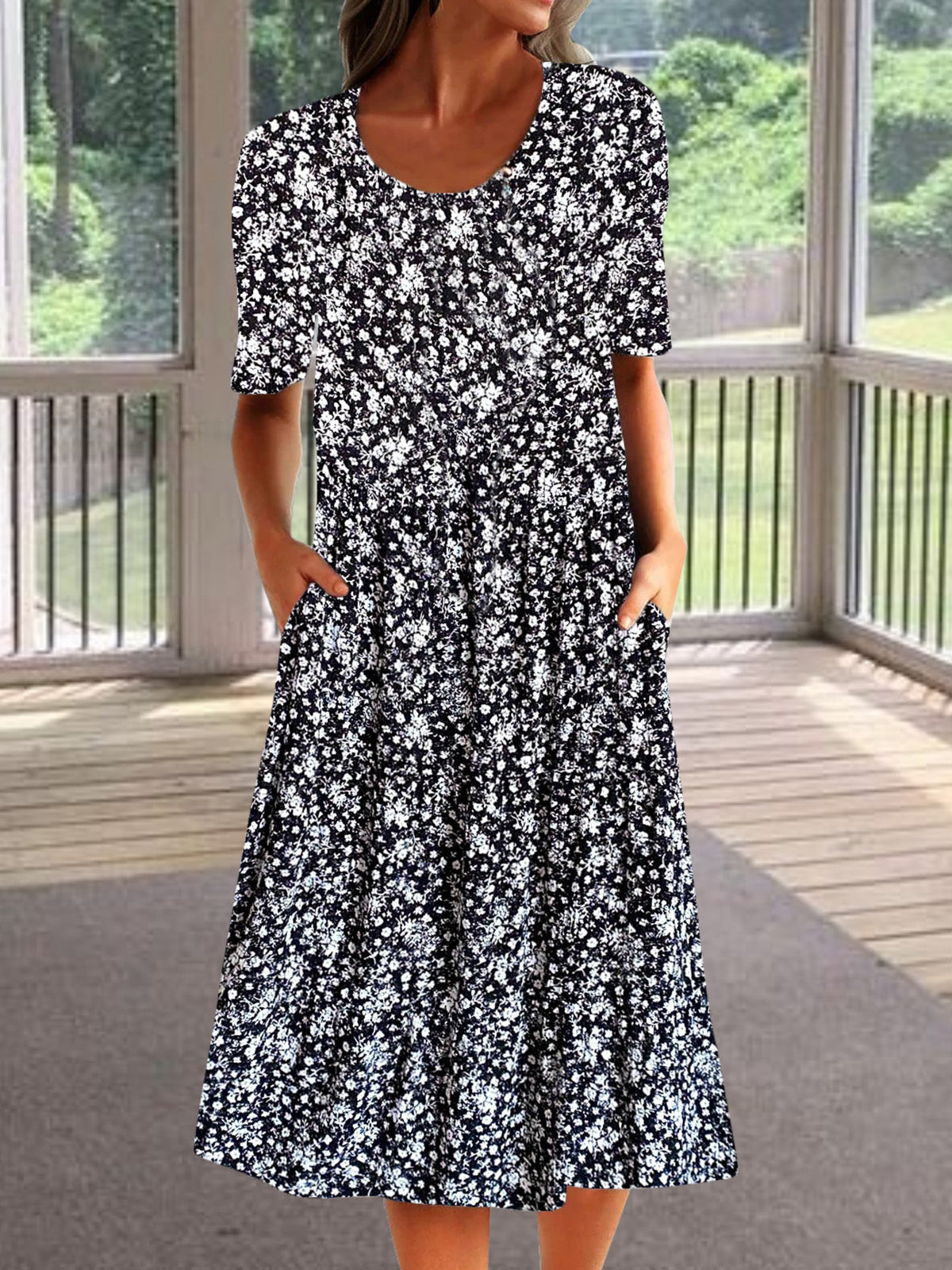 Women Short Sleeve Scoop Neck Floral Printed Graphic Midi Dress