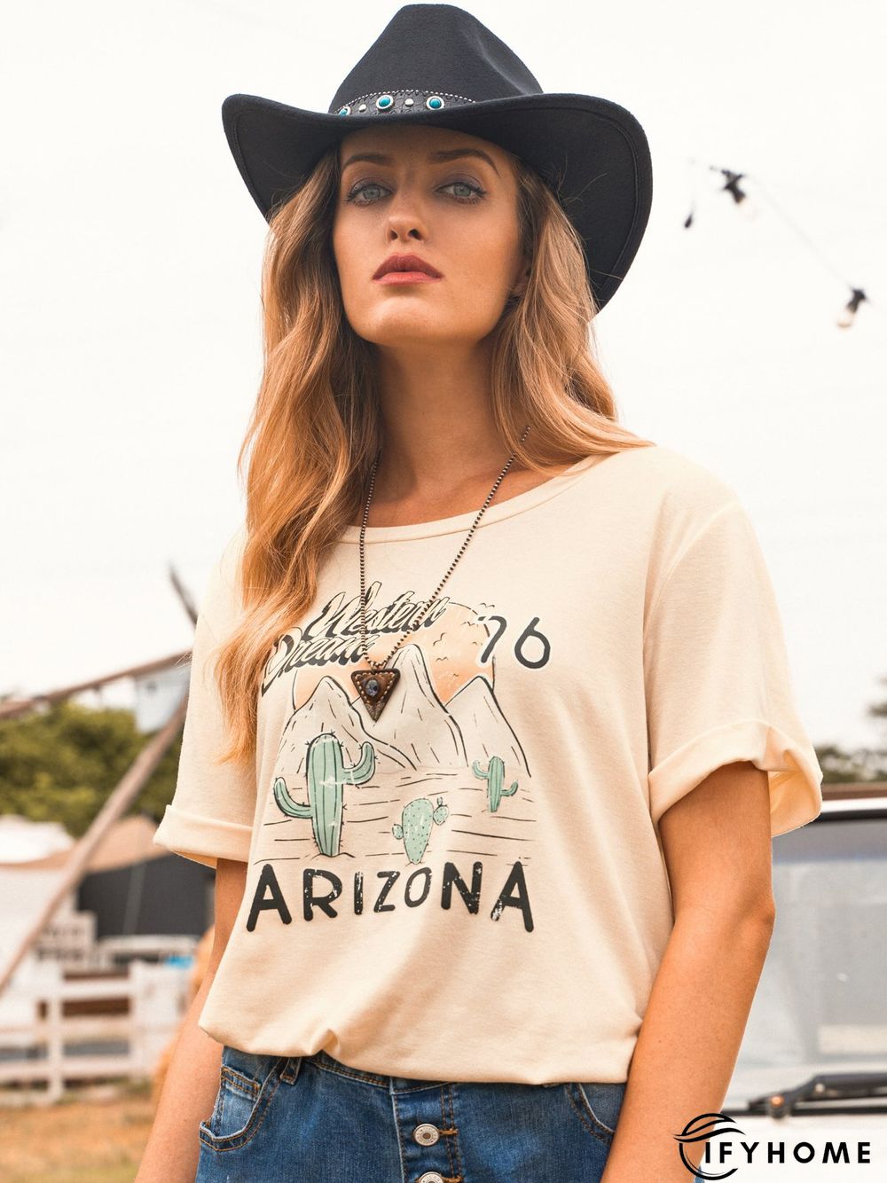 Apricot Short Sleeve Printed T-shirt | IFYHOME