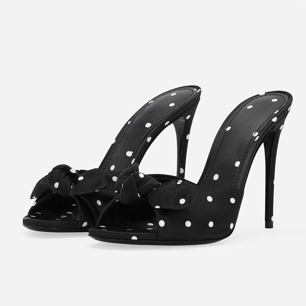 Black & White Polka Dot Open Toe Stiletto Heel Mules Shoes with Knot Nicepairs