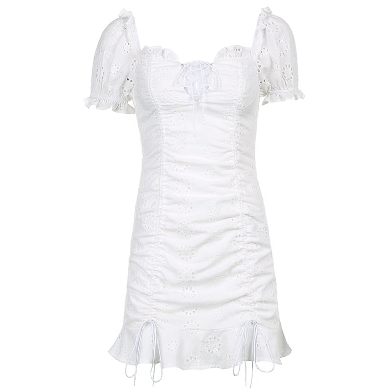 HEYounGIRL Jacquard Ruffles Vintage Bodycon Dress Women Summer Ruched Elegant White Short Sleeve Ladies Dress Beach Party 2021