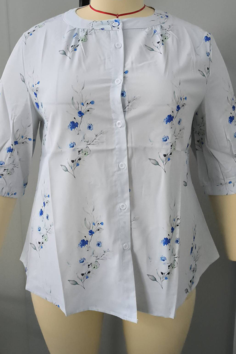 Plus Size Button Up Floral Print Half Sleeve Casual Blouses 2024 - Flycurvy 