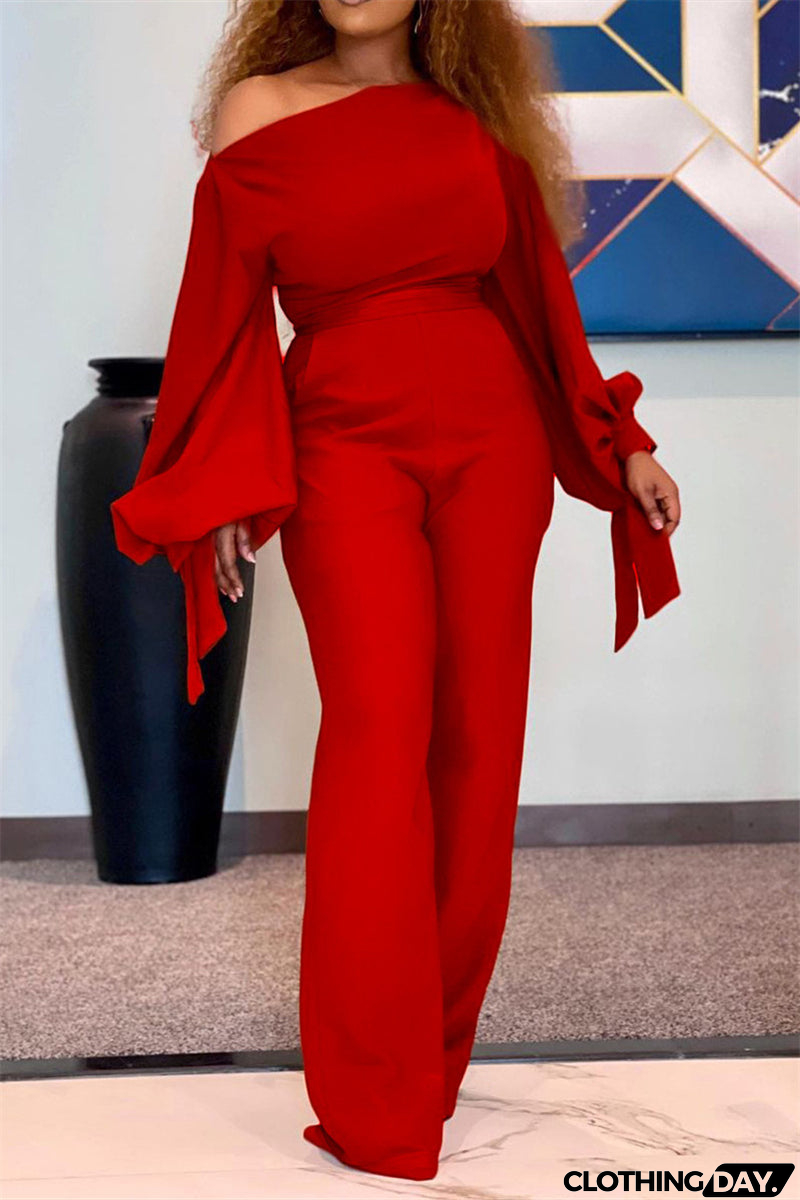 Fashion Casual Solid Bandage Oblique Collar Regular Jumpsuits(3 Colors)