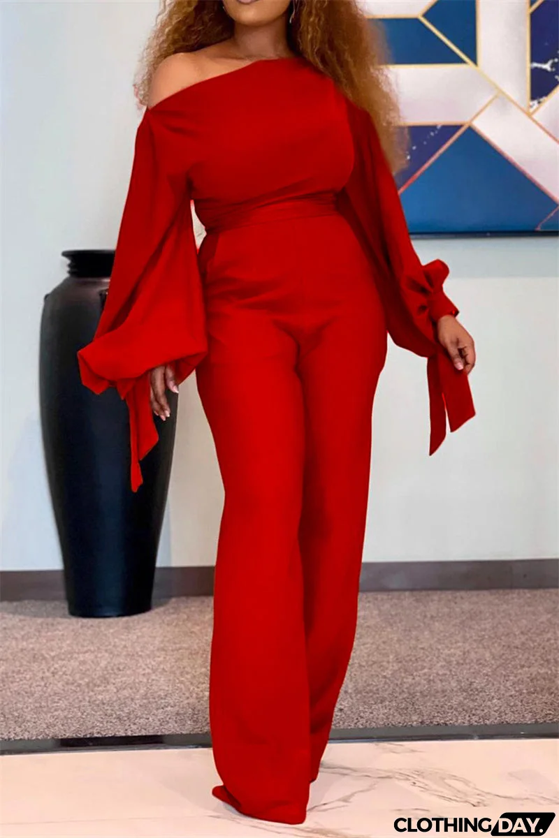 Fashion Casual Solid Bandage Oblique Collar Regular Jumpsuits(3 Colors)