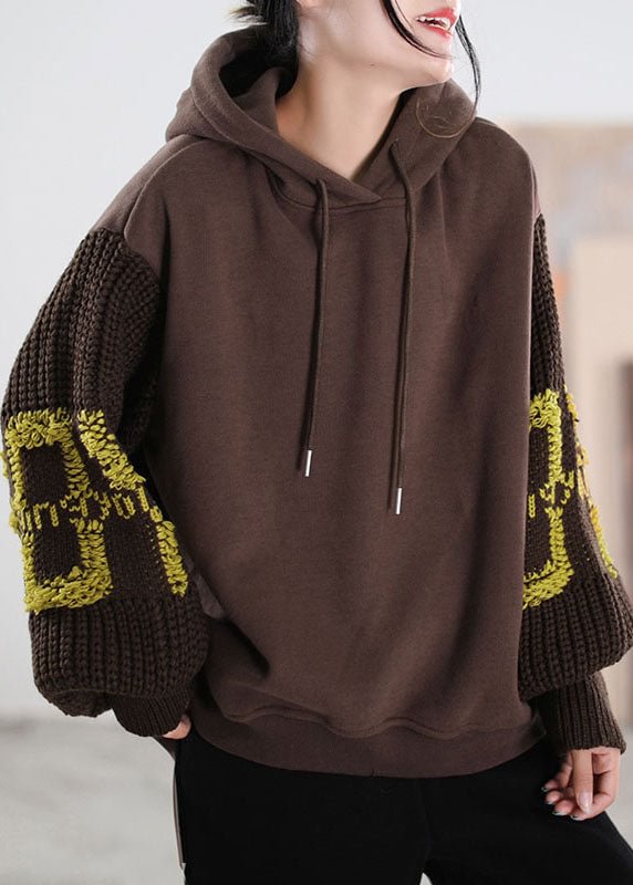 Brown Hooded knit Patchwork Warm Fleece Sweatshirts Tracksuits Winter CK706- Fabulory
