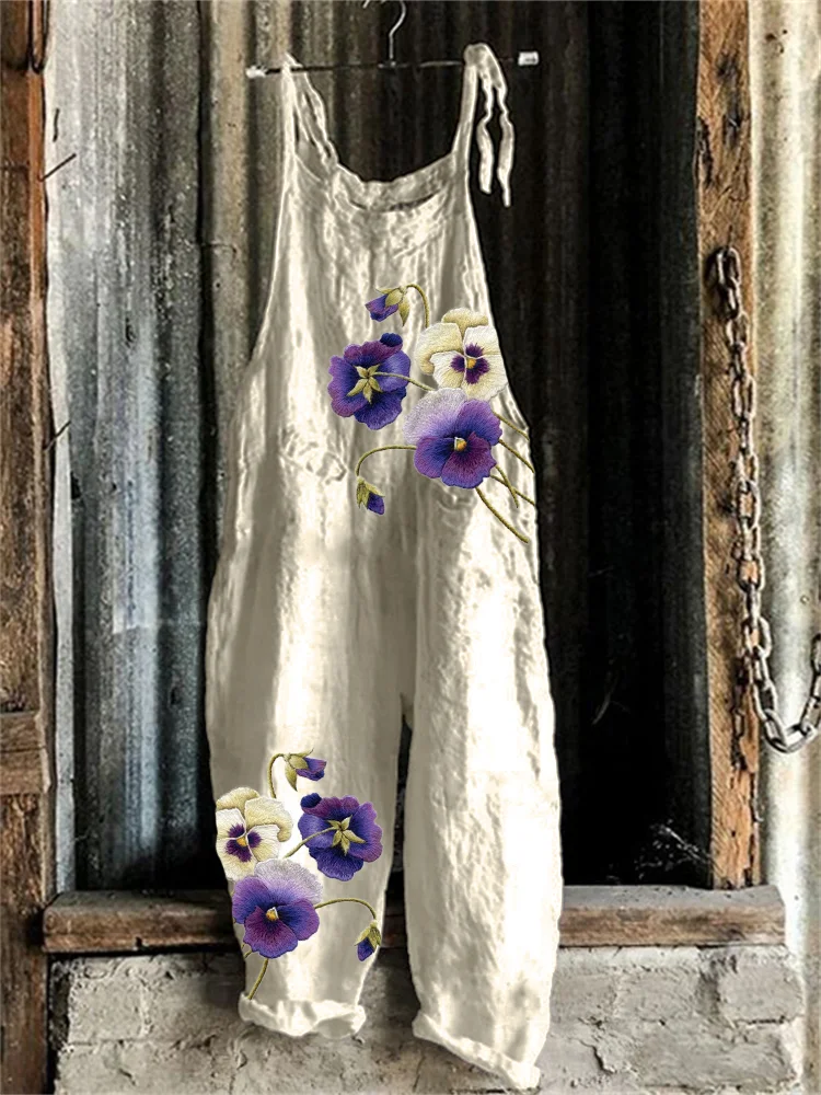 Utbros Classy Pansy Flowers Embroidered Loose Fit Jumpsuit