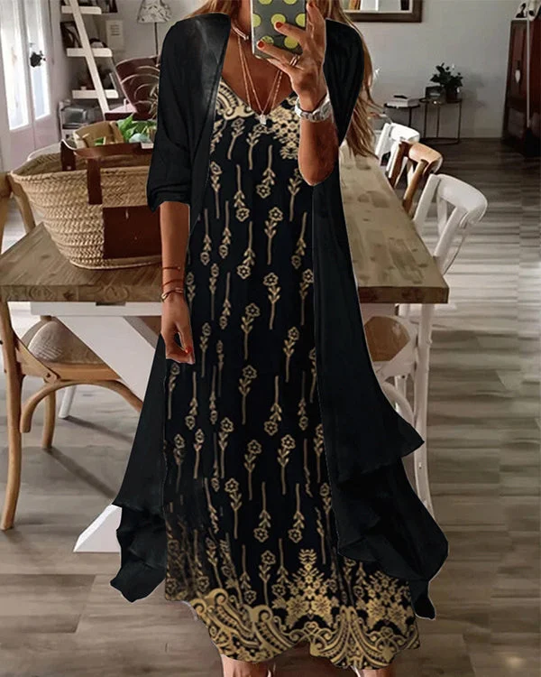 Fake Two Piece Half Sleeve Print Casual Retro Sexy Dress