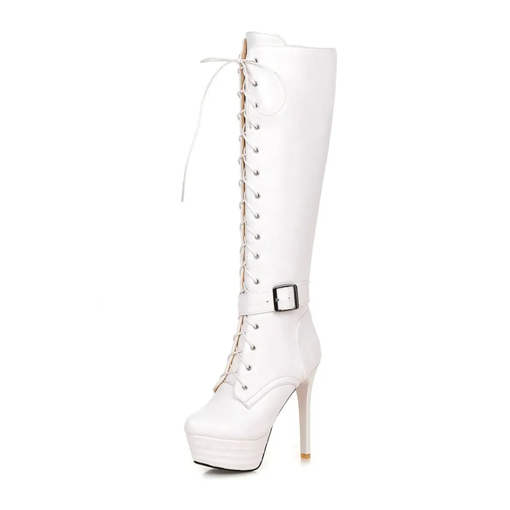 BONJOMARISA Plus Size 31-45 shoes lace 13 Cm Super High Heels Mortorcycle Boots Women 2020 Fashion High Platform Shoes Woman
