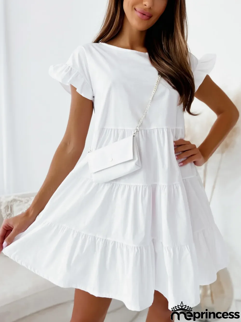 Women Summer Loose Bell Bottom Sleeve Round Neck Irregular Dress