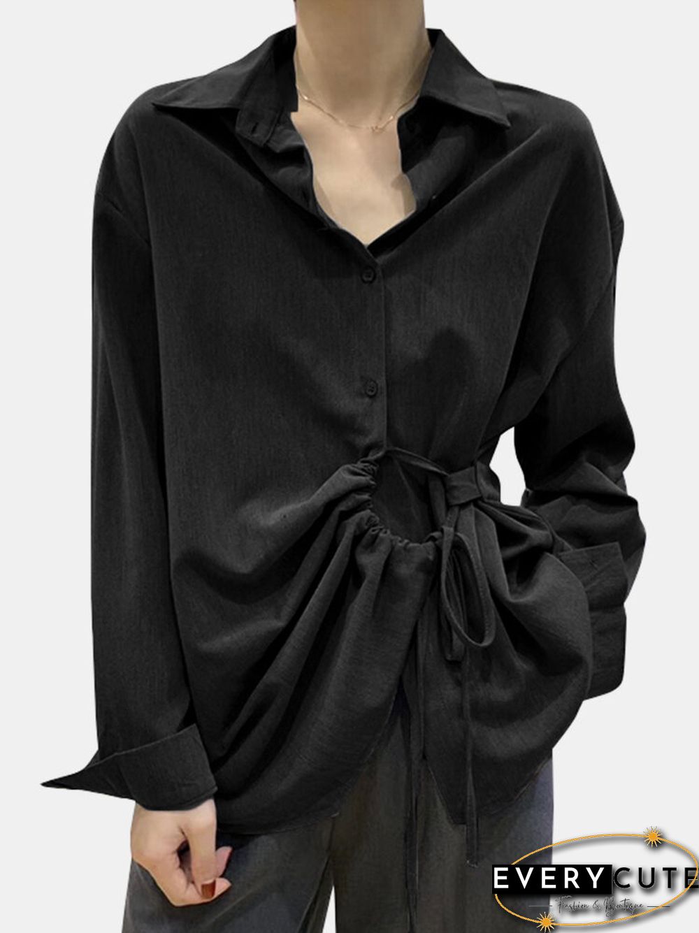 Solid Color Lace Up Turn down Collar Long Sleeve Irregular Shirt P1710631