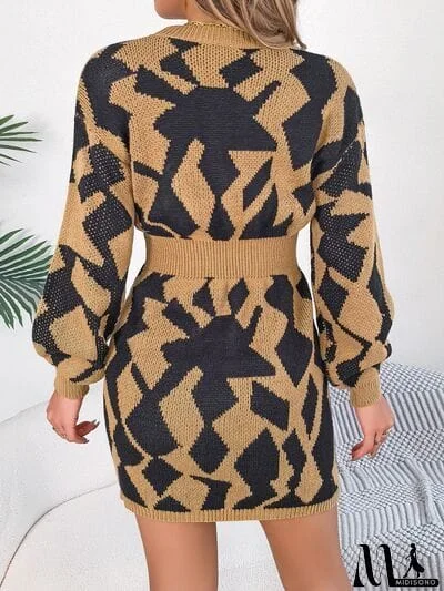 MidiSono - Contrast Round Neck Cutout Long Sleeve Mini Sweater Dress