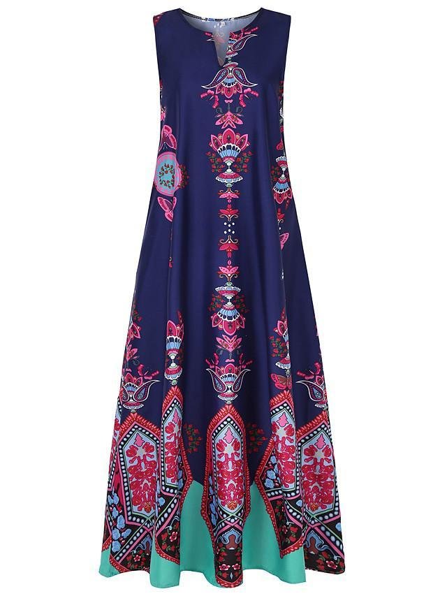 Women's A-Line Dress Maxi long Dress - Sleeveless Pocket Print Spring ...