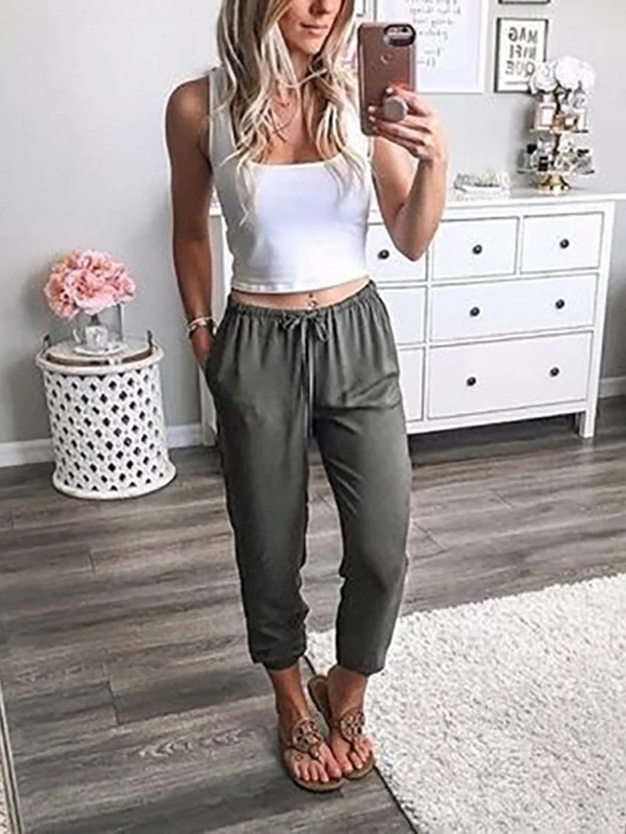 Drawstring Elastic Waist Solid Color Pants