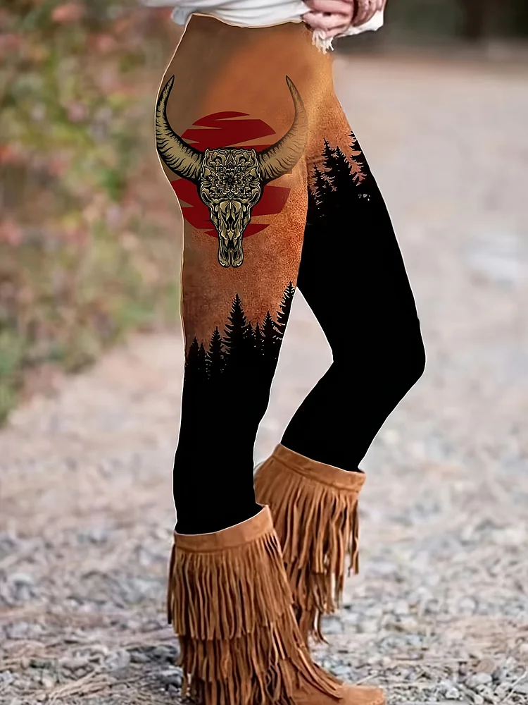 Bull Head & Forest Print Skinny Leggings