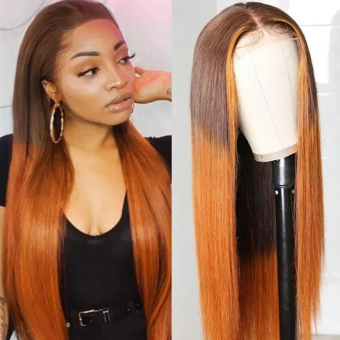 Flash Sale For Ombre LT430 Colored Human Hair Wigs PU Silk Lace Base Fake Scalp Straight Wigs