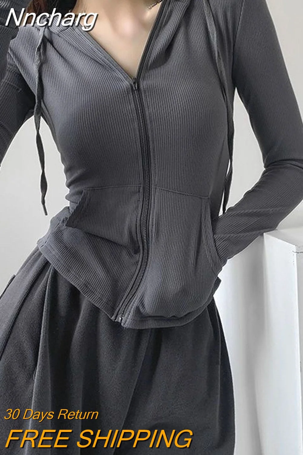 Nncharge Hooded Women Solid Gray Long Sleeve Slim Fit Sudaderas Para Mujer Short Zip Up Sweatshirt American Vintage Coats Spring
