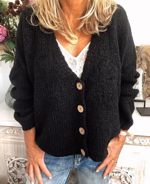Casual Cotton-Blend V Neck Cardigan-Outerwear