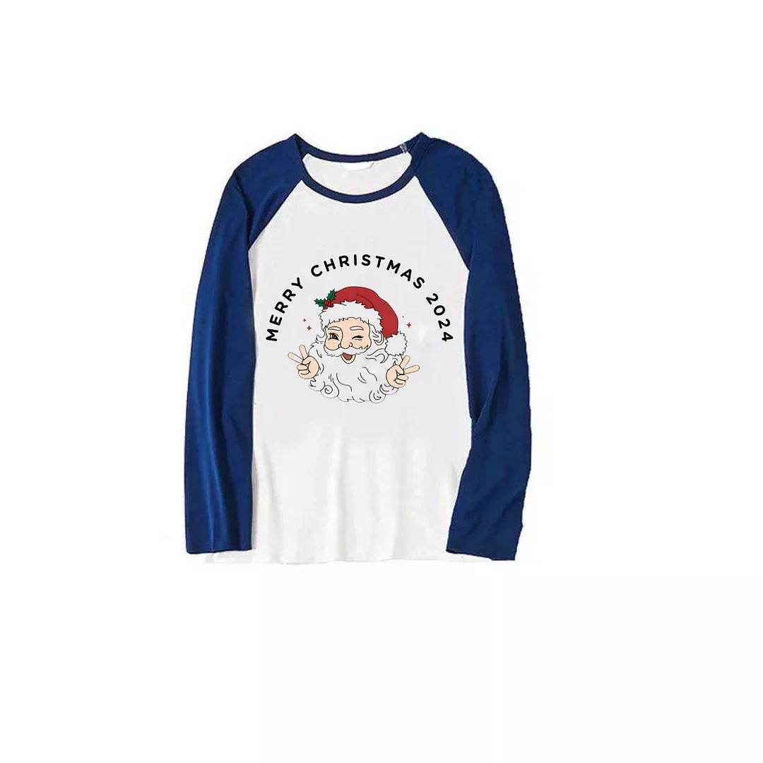 "Merry Christmas 2024" and Santa Printed Navy Blue and Black Plaid Christmas Family Pajamas