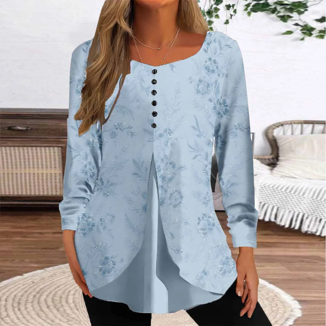 Women Floral,Blue DZGG8260 Long Sleeve Scoop Neck Printed Graphic Button Fake 2in1 Tops