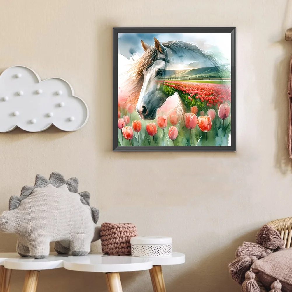 Diamond Painting - Full Round Drill - Tulip Horse Silhouettes(Canvas|30*30cm)