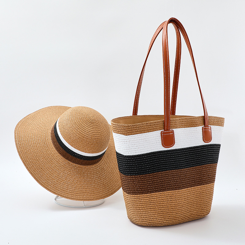 Women's Woven Large Capacity Striped Beach Bag Hat Two-piece Set