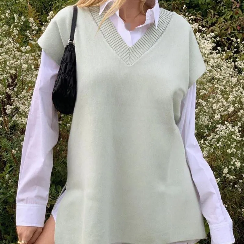 PUWD Casual Woman Oversized Side Slit Knitted Vest 2020 Fashion Ladies Autumn Loose Sleeveless Sweater Female Chic V Neck Tops