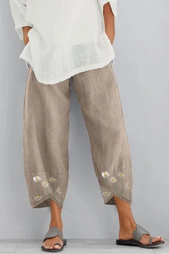 Loose dandelion print elastic waist pocket pants