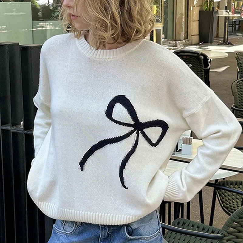 Toloer White Bow Print Sweater-Outfit Ideas