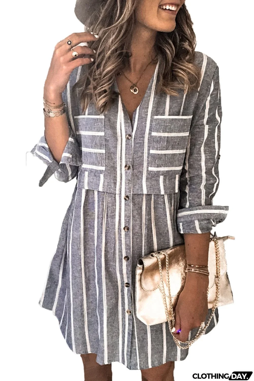 Contrast Striped Buttoned Shirt Dress