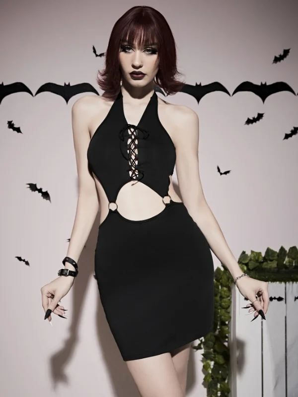 Goth O-ring Suspended Lace Up Halter Bodycon Dress