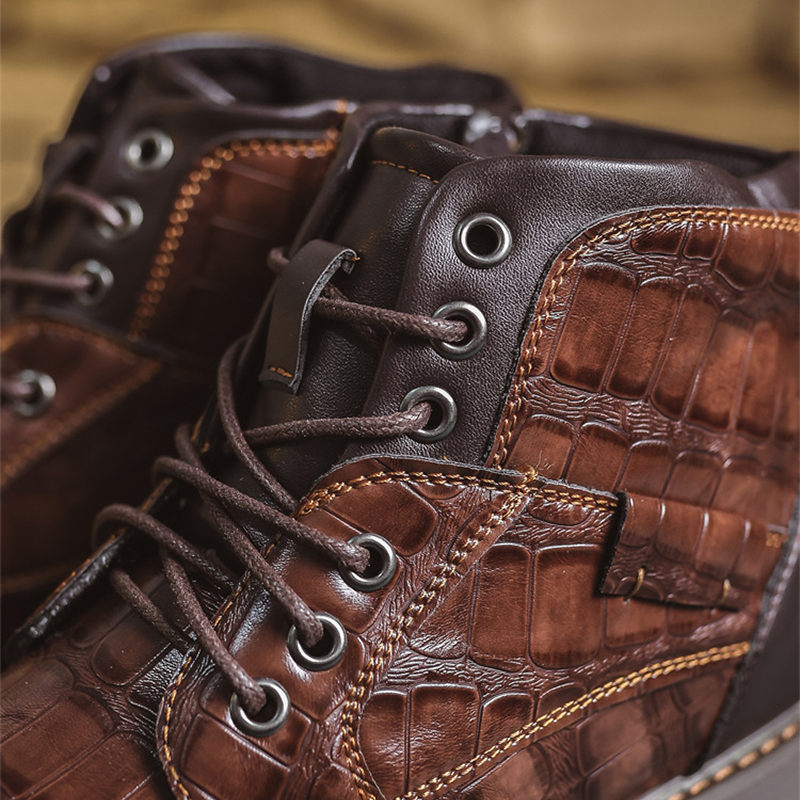 Men's Waterproof Wear-resistant Stitching Lace-up Crocodile Pattern Upper Low-cut Work Boots