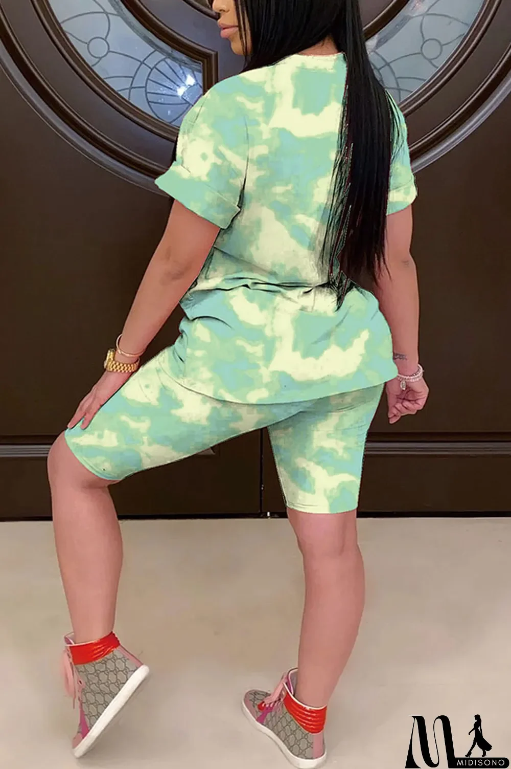 MidiSono - Light yellow Polyester Fashion Casual Print Gradient Two Piece Suits pencil Short Sleeve Two Pieces