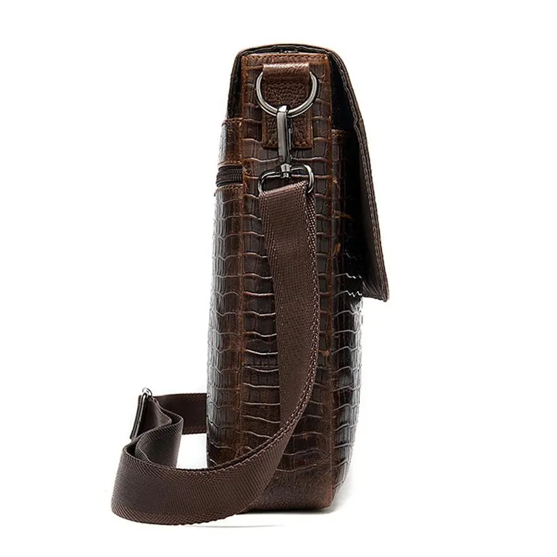 Foldover Top Detachable Sling Strap Crocodile Textured Genuine Leather Messenger Bag