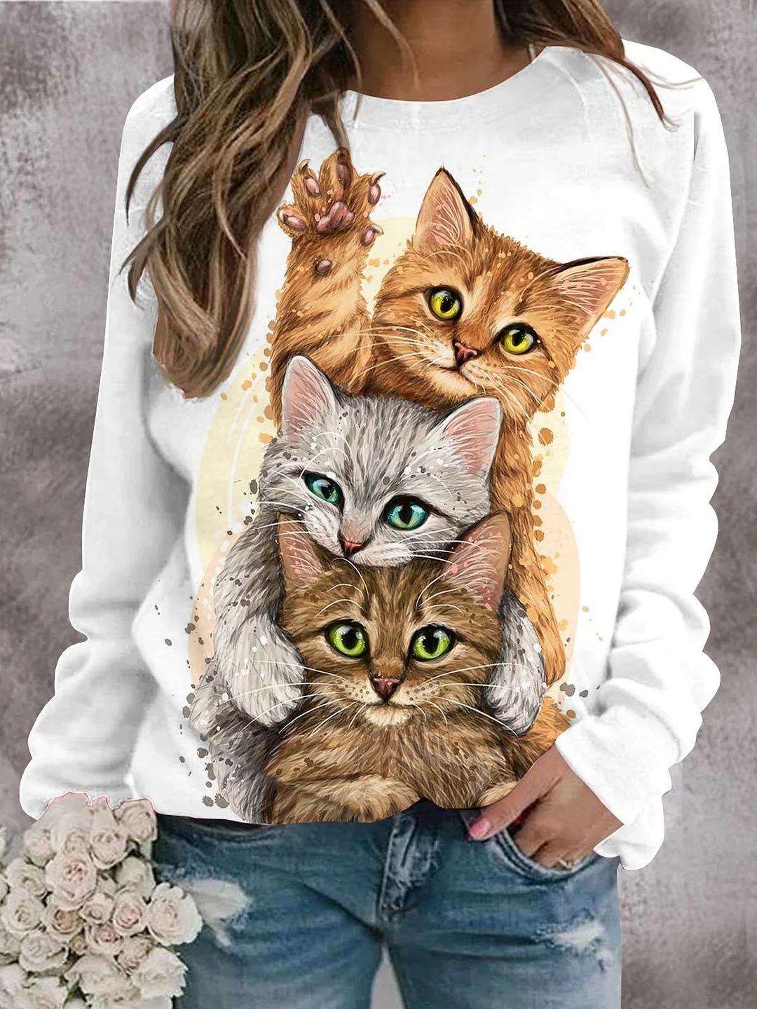 Loose Crew Neck Cat Printed  Casual Sweatshirt