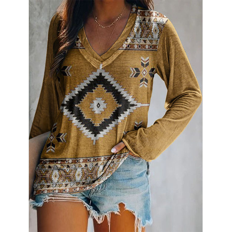 African Tribal Ethnic Aztec Pattern Long Sleeve Plus Size Loose Blouse for Women Vintage Female Clothes