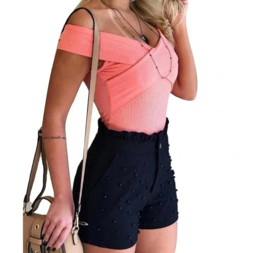 Office Lady Skinny Shorts Women Solid Color High Waist Shorts Fashion Female Slim Button Ruffled Beaded Summer Shorts