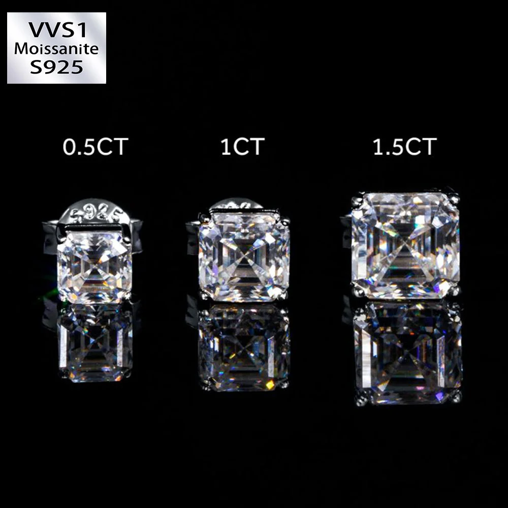 0.5Ct/0.8Ct/2Ct VVS1 Moissanite Asscher Cut Stud Earrings in S925 Silver