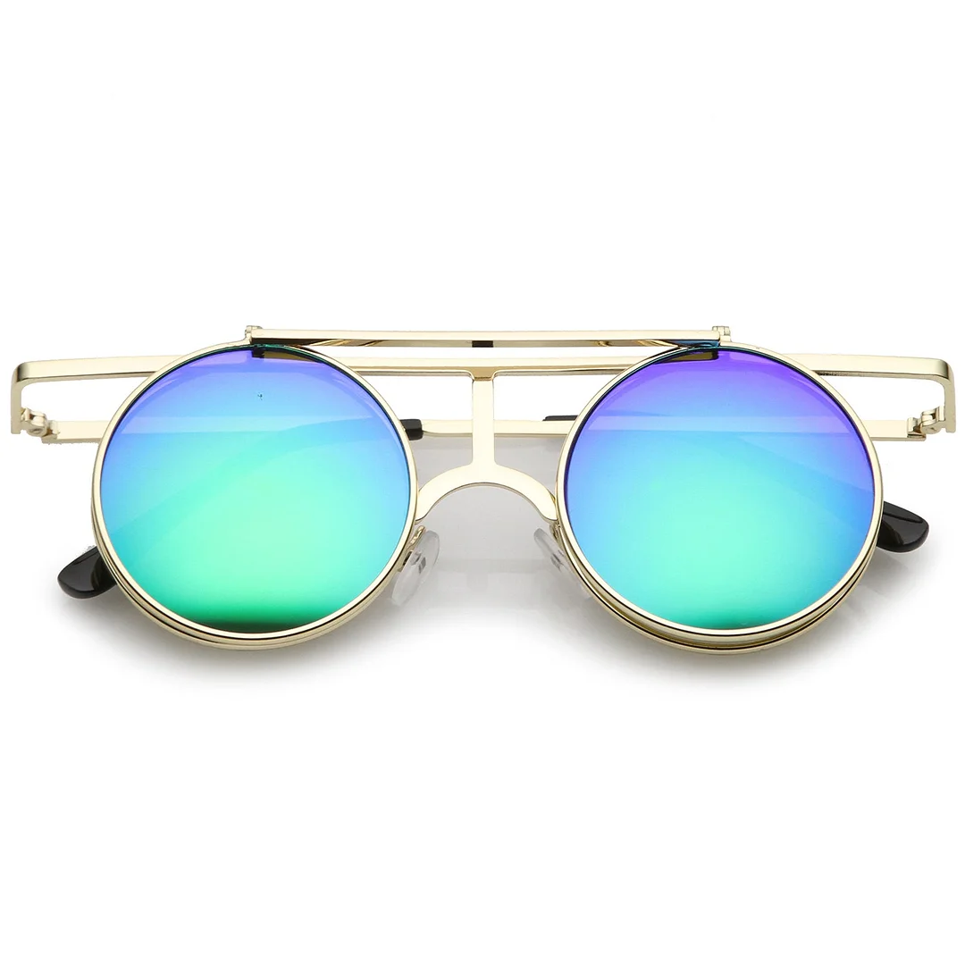 Steampunk Flip Up Cover Flat Top Colored Mirror Clear Lens Round glasses 44mm