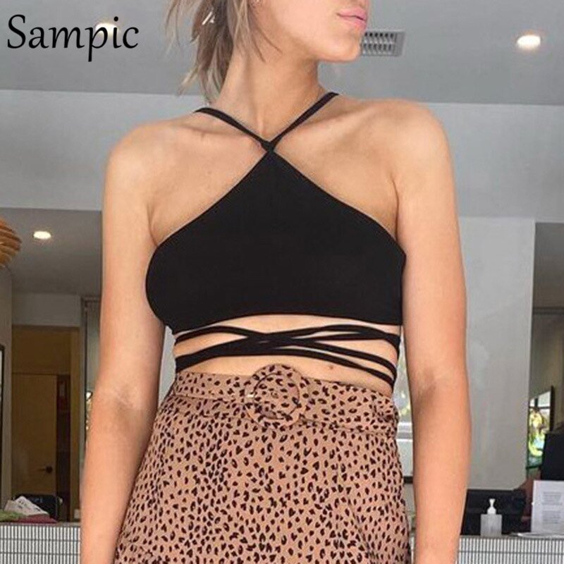 Sampic Halter Neck T Shirts Black Casual Party Knitted Backless Off Shoulder Summer 2021 Crop Tops Women Sexy Bandage Tank Tops
